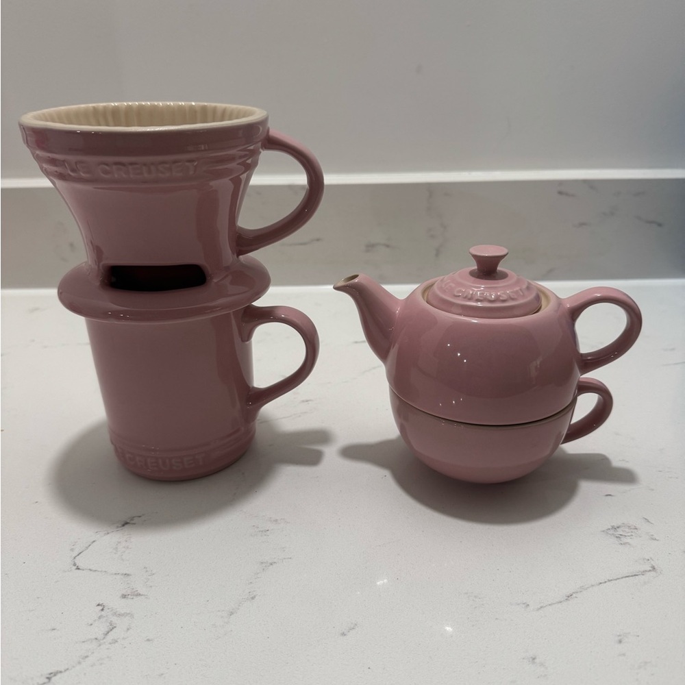 Le Creuset Pink Stoneware Pour Over Coffee and Teapot Set